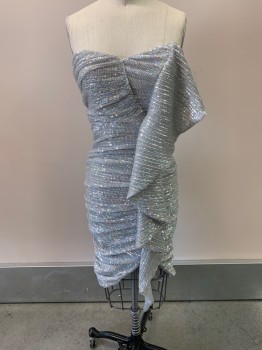 Womens, Evening Gown, LAVIH ALICE, Silver, Polyester, 2, All Over Sequins, Strapless, Ruched, Waterfall Drape, Zip Back, Hem Below Knee