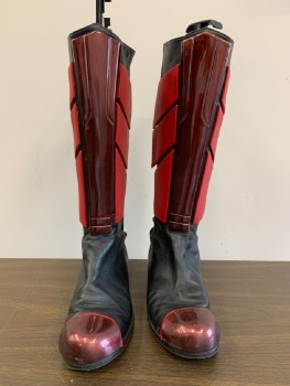 Womens, Sci-Fi/Fantasy Piece 5+, NO LABEL, Red, Dk Red, Black, Polyester, Synthetic, Abstract , 7.5, Boots, Slip On, Shin And Toe Cap Guard, Red Blocks, Made To Order
