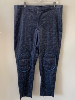 Mens, Sci-Fi/Fantasy Pants, MTO, Charcoal Gray, Navy Blue, Iridescent Blue, Synthetic, Elastane, Medallion Pattern, Jacquard, 38/30, Zip Front, Shiny Finish, Round Patch On Knee with Surrounding Iridescent Navy Piping & Down Middle Of Leg To Hem
