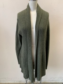 CHARTER CLUB, Olive Green, Cashmere, Solid, Rib Knit, Long Sleeves, Open Front with No Closures, Shawl Collar
