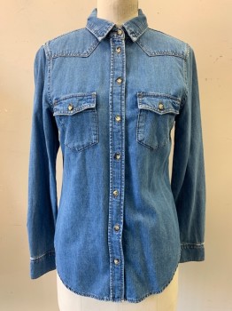 Womens, Western Shirt, TopShop Moto, Denim Blue, Cotton, Solid, 2, L/S, Button Front, C.A., 2 Chest Pockets,