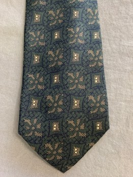 Mens, Tie, BARNEY'S NY, Forest Green, Beige, Silk, Abstract Shapes Made Of Lines