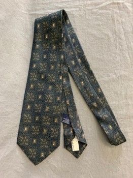 Mens, Tie, BARNEY'S NY, Forest Green, Beige, Silk, Abstract Shapes Made Of Lines