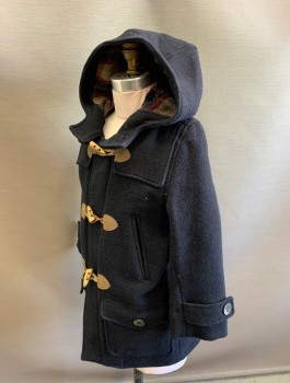 Childrens, Coat, ZARA KIDS, Navy Blue, Polyester, Wool, Solid, 7-8yrs, Boys, Thick Fabric, 3 Brown Faux Leather & Wood Toggles/Closures, Zip Front, Hooded, Plaid Lining, 2 Pockets