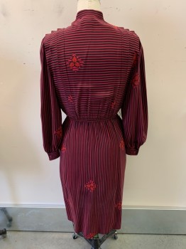 FRANCESCA, Red, Black, Silk, Stripes, Floral, Band Collar, Button Front, L/S, Pleated, Elastic Waistband,