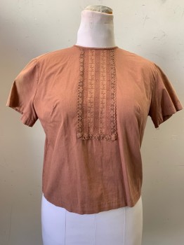 Womens, Shirt, NO LABEL, Brown, Cotton, Solid, B40, S/S, Crew Neck, Embroiderred Stripe Detail with Lace Trim, Back Buttons, Faded Shoulders