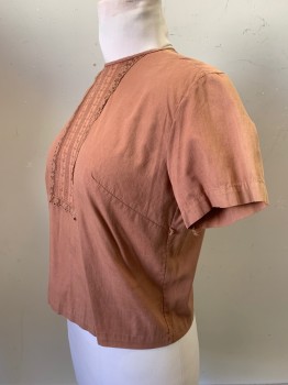 Womens, Shirt, NO LABEL, Brown, Cotton, Solid, B40, S/S, Crew Neck, Embroiderred Stripe Detail with Lace Trim, Back Buttons, Faded Shoulders