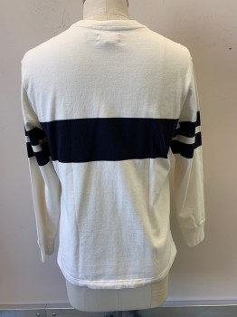 Mens, Pullover Sweater, J. Crew, White, Black, Cotton, Color Blocking, M, L/S, Crew Neck, Stripe on Sleeves