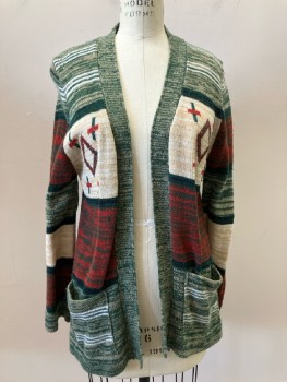 Womens, Sweater, FULLY FASHOINED, Green, Red, Beige, Stripes - Horizontal , S, Open Front, L/S, 2 Pockets