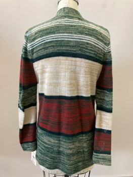 Womens, Sweater, FULLY FASHOINED, Green, Red, Beige, Stripes - Horizontal , S, Open Front, L/S, 2 Pockets