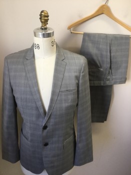 Mens, Suit, Jacket, HUGO BOSS, Gray, Lt Gray, Wool, Grid , 38R, Single Breasted, 2 Buttons,  Notched Lapel,