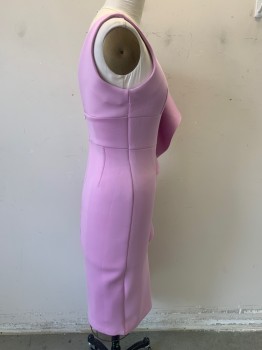 LAVISH ALICE, Lilac Purple, Polyester, Elastane, Solid, Plunged V Neck Décolletage at Front and Back, Sleeveless with Asymmetric Spaghetti Strap, Below Knee Length, Ruffle Trim at Front, Pencil Skirt Bottom, Open Slit at Front Left Side. Zipper at Center Back
