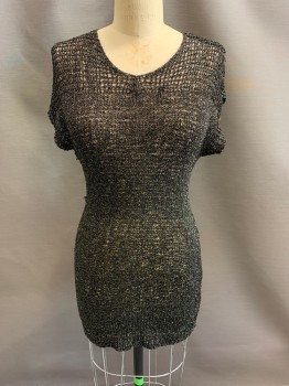 NL, Black, Gold Metallic, Acrylic, Metallic/Metal, 2 Color Weave, Knit, See Though, Scoop Neck, S/S, Hem At Knee