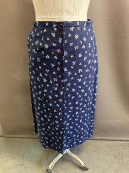 CAPACITY, Navy Blue, French Blue, Green, White, Linen, Cotton, Floral, Elastic Waist, Side Pockets, Button Front, Hem Below Knee