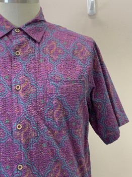 Mens, Casual Shirt, TERRITORY AHEAD, Purple, Teal Blue, Orange, Cotton, Paisley/Swirls, C46, N17.5, Collar Attached, B.F., S/S, 1 Chest Patch Pocket