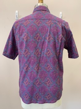 Mens, Casual Shirt, TERRITORY AHEAD, Purple, Teal Blue, Orange, Cotton, Paisley/Swirls, C46, N17.5, Collar Attached, B.F., S/S, 1 Chest Patch Pocket