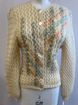 JUMBLAR, Cream with Orange Blue & Gray Stripe Pattern Front, Loose Knit, Mohair & Wool, L/S, CN, Cardigan