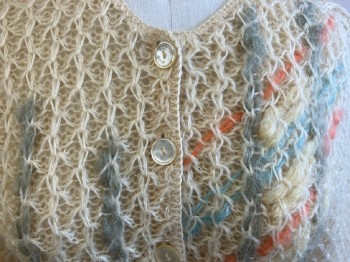 JUMBLAR, Cream with Orange Blue & Gray Stripe Pattern Front, Loose Knit, Mohair & Wool, L/S, CN, Cardigan