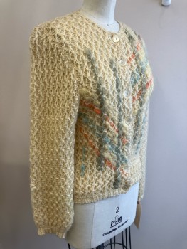 Womens, Sweater, JUMBLAR, B 32, XS, Cream with Orange Blue & Gray Stripe Pattern Front, Loose Knit, Mohair & Wool, L/S, CN, Cardigan