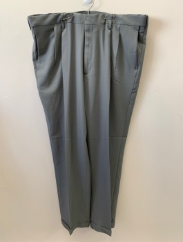 Mens, Slacks, HAGGAR, Gray, Polyester, Solid, L32, W40, Zip Front, Hook N Eye Closure, 4 Pckts, Pleated Front, Cuffed, Creased