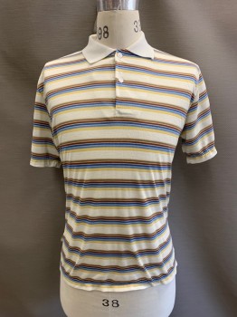 KENNINGTON, Off White, Yellow, Multi-color, Poly/Cotton, Stripes, 2 Bttns, S/S, White Collar, Lt Blue, Blue, Brown, Beige, And Lt Beige Stripes