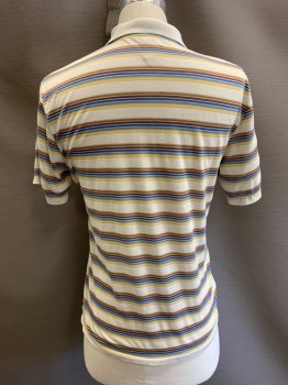 Mens, Polo Shirt, KENNINGTON, Off White, Yellow, Multi-color, Poly/Cotton, Stripes, 38, M, 2 Bttns, S/S, White Collar, Lt Blue, Blue, Brown, Beige, And Lt Beige Stripes