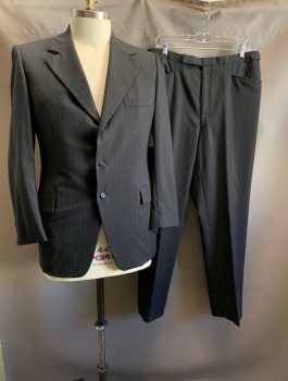 JACK MARVIN, Black, Navy Blue, Wool, Stripes - Vertical , Notched Lapel, Single Breasted, Button Front, 2 Buttons, 3 Pockets