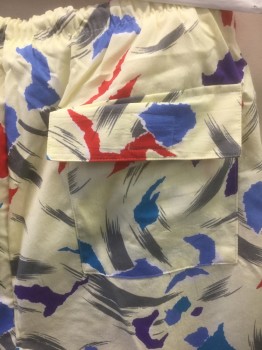 Mens, Swim Suit, GABRIELLE, Butter Yellow, Red, Blue, Purple, Gray, Poly/Cotton, Abstract , M, With Radical Colorful Shapes, Drawstring and Elastic Waist, 1 Back Pocket, 6" Inseam,
