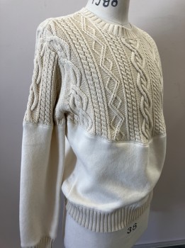 Mens, Pullover Sweater, B, Cream, Cotton, Polyester, Solid, M, L/S, CN, Cable Knit Upper Body, Poly-fleece Lower Body, Ribbed Cuffs & Hem