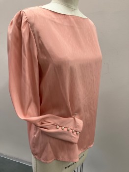 JONES NEW YORK, Dusty Pink, Polyester, Solid, Self Broken V-stripe, L/S, Pullover, Gathered Shoulder Caps, Cuffed with 5 Pearl Buttons, Boat Neck