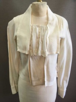 N/L, Cream, Cotton, Long Sleeves, Square Neck with Rectangular Collar, Lightweight Batiste Cotton Ruffle At Center Front,with Crochet Lace Trim, Pin Tucks At Shoulders, Hidden Snap Closures Under Collar, 2 Snap Closures At Cuffs,
