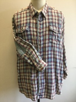 BUFFALO DAVID BITTON, Multi-color, Lt Blue, Off White, Maroon Red, Navy Blue, Cotton, Plaid-  Windowpane, Aged/Faded Look Plaid, Gauze Like Fabric, Long Sleeve Button Front, Collar Attached, 2 Pockets with Button Closure, Silver Buttons with "Buffalo Db" Embossed Detail **Has a Double