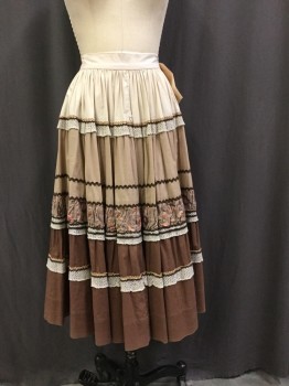 Womens, Skirt, MTO, Cream, Lt Brown, Brown, Ecru, Pink, Cotton, Color Blocking, Floral, 27W, Dirdle, Back Zipper, Tiered Ruffles, with Rickrack Applique, and Lace, Below Knee