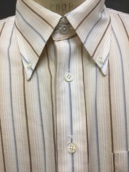 N/L, Cream, Peach Orange, Lt Brown, Slate Blue, Dk Brown, Poly/Cotton, Stripes - Vertical , Collar Attached, Button Down, Button Front, 1 Pocket, Long Sleeves,