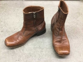 Mens, Boots, HANOVER, Brown, Leather, Solid, 8.5, Ankle Boot, Square Toe, Side Zip, 1.5" Heel, Curved Seams, ** Scuffed At Toes