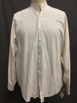 Cream, Cotton, Solid, Button Front, Collar Band, Long Sleeves,
