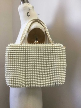 Womens, Purse, N/L, Cream, Plastic, Dots, 9", 12", Plastic Beads All Over, Including Double Handle and Clasp Topper