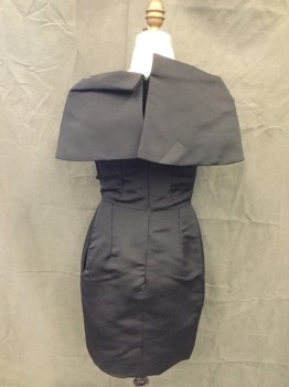 Womens, Cocktail Dress, BILL BLASS, Black, Silk, Solid, W:24, B:32, H:34, Faille, Draped Capelet Like Neckline, Short Sleeves, Fitted Waist, Length Above Knee, Iron Mark on Back Capelet, *Note That This is So Small Through Hips That It is on a Child Mannequin*