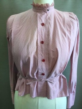 N/L, Mauve Pink, Maroon Red, Cotton, Lace, Polka Dots, Self Polka Dot Texture Cotton, Long Sleeve Button Front, Band Collar,  Lace Detail At Collar, Maroon Buttons, Large Pleats At Shoulders, Puffy Sleeves Gathered At Shoulders, Twill Ties At Center Back Waist **Red/Pink Stains At Front Near Hem