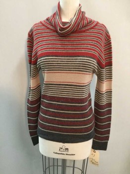 Womens, Sweater, ADRIENNE, Brick Red, Forest Green, Tan Brown, Acrylic, Stripes, XS, Long Sleeves, Pullover, Turtleneck