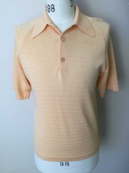 VAN HEUSEN, Peachy Pink, Acetate, Polyester, Solid, Short Sleeves, 3 Buttons, Textured Knit,