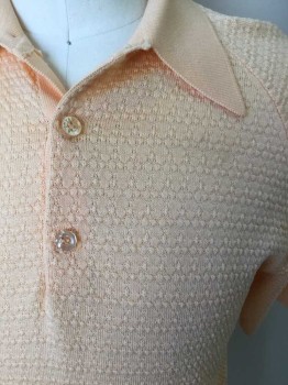 VAN HEUSEN, Peachy Pink, Acetate, Polyester, Solid, Short Sleeves, 3 Buttons, Textured Knit,
