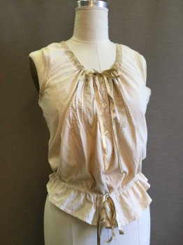 M.T.O, Beige, Cotton, Polyester, Solid, Scoop Neck with Drawstring and Eyelet Lace Trim. Button Front, Tuck Pleats At Front.
