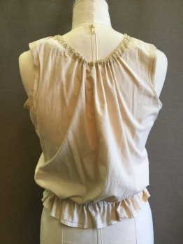 M.T.O, Beige, Cotton, Polyester, Solid, Scoop Neck with Drawstring and Eyelet Lace Trim. Button Front, Tuck Pleats At Front.