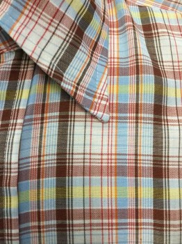 LEVI STRAUSS , White, Brick Red, Lt Blue, Brown, Lt Yellow, Polyester, Cotton, Plaid, Short Sleeve Button Front, Collar Attached,  1 Pocket,