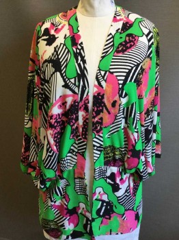 Womens, Casual Jacket, MELISA MCCARTHY, Green, Pink, Orange, Black, Off White, Polyester, Abstract , 1X, Green, Pink, Orange, Black, Off White Large Abstract Print, Open Front,Gathered Elastic Back, Short Sleeves,
