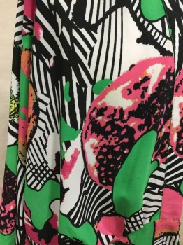 Womens, Casual Jacket, MELISA MCCARTHY, Green, Pink, Orange, Black, Off White, Polyester, Abstract , 1X, Green, Pink, Orange, Black, Off White Large Abstract Print, Open Front,Gathered Elastic Back, Short Sleeves,