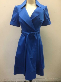 Womens, Dress, Short Sleeve, KAREN MILLEN, Blue, Cotton, Spandex, Solid, 2, Short Sleeves, Wide Rounded Notch Collar, Wrapped V-neck, Cuffed Sleeves with 5 Rows of Top Stitching, A-Line Skirt, Hem Below Knee, Belt Loops, Retro Look, **2 Piece: Has 1.5" Wide Self Sash Belt with Top Stitching (Like Cuffs)