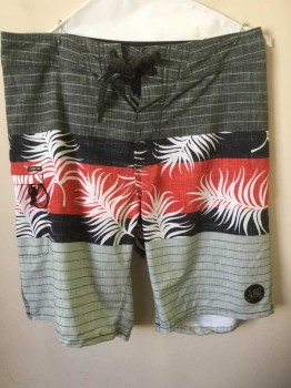 Mens, Swim Trunks, VAL SURF, Gray, Black, Red, White, Polyester, Spandex, Tropical , Stripes - Horizontal , W:32, Board Shorts, Gray with Light Gray Stripes for Top 5.5", Middle Panel is Red/Black/White Tropical Palm Fronds, Bottom is Light Gray with Dark Gray Stripes, Black Cord Ties at Waist, 9.5" Inseam