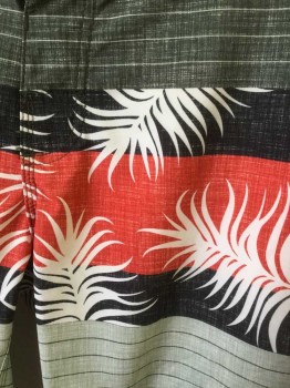 Mens, Swim Trunks, VAL SURF, Gray, Black, Red, White, Polyester, Spandex, Tropical , Stripes - Horizontal , W:32, Board Shorts, Gray with Light Gray Stripes for Top 5.5", Middle Panel is Red/Black/White Tropical Palm Fronds, Bottom is Light Gray with Dark Gray Stripes, Black Cord Ties at Waist, 9.5" Inseam